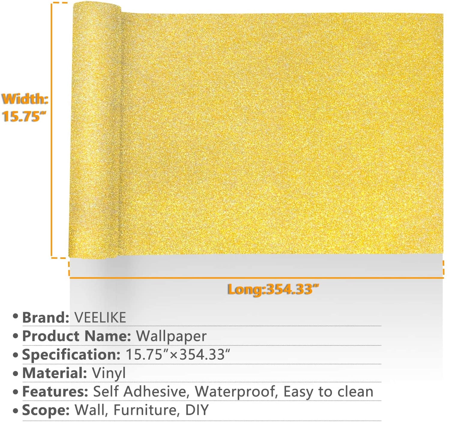 VEELIKE Gold Glitter Vinyl Self Adhesive Contact Paper Sparkly Wallpaper Stick and Peel Glittery Golden Wall Paper Cover Decorative for Bedroom Kitchen Cabinet Dresser Drawer Liner DIY 15.7''x354''