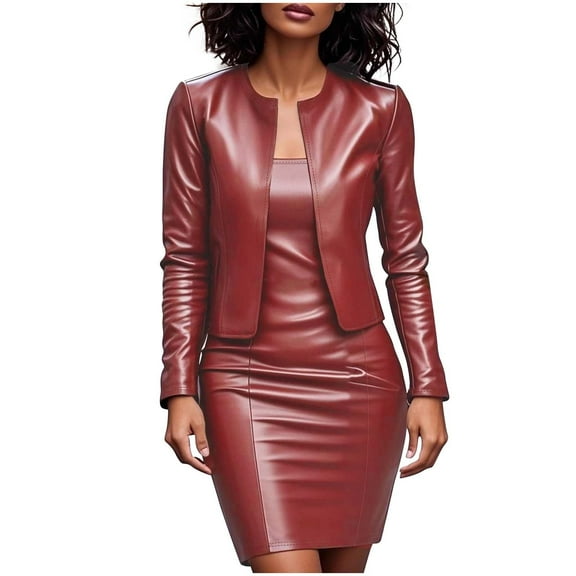 Two Piece Sets for Women Business Faux Leather Suit Set for Work Slip Dress Matching Set Trendy Fall Outfit Wine XL