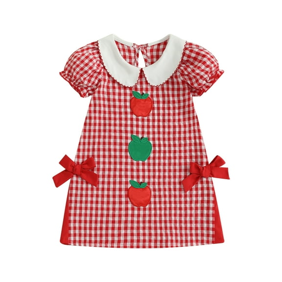 BemeyourBBs Girls Plaid Dress Short Sleeve Doll Collar Apple Embroidery Dress