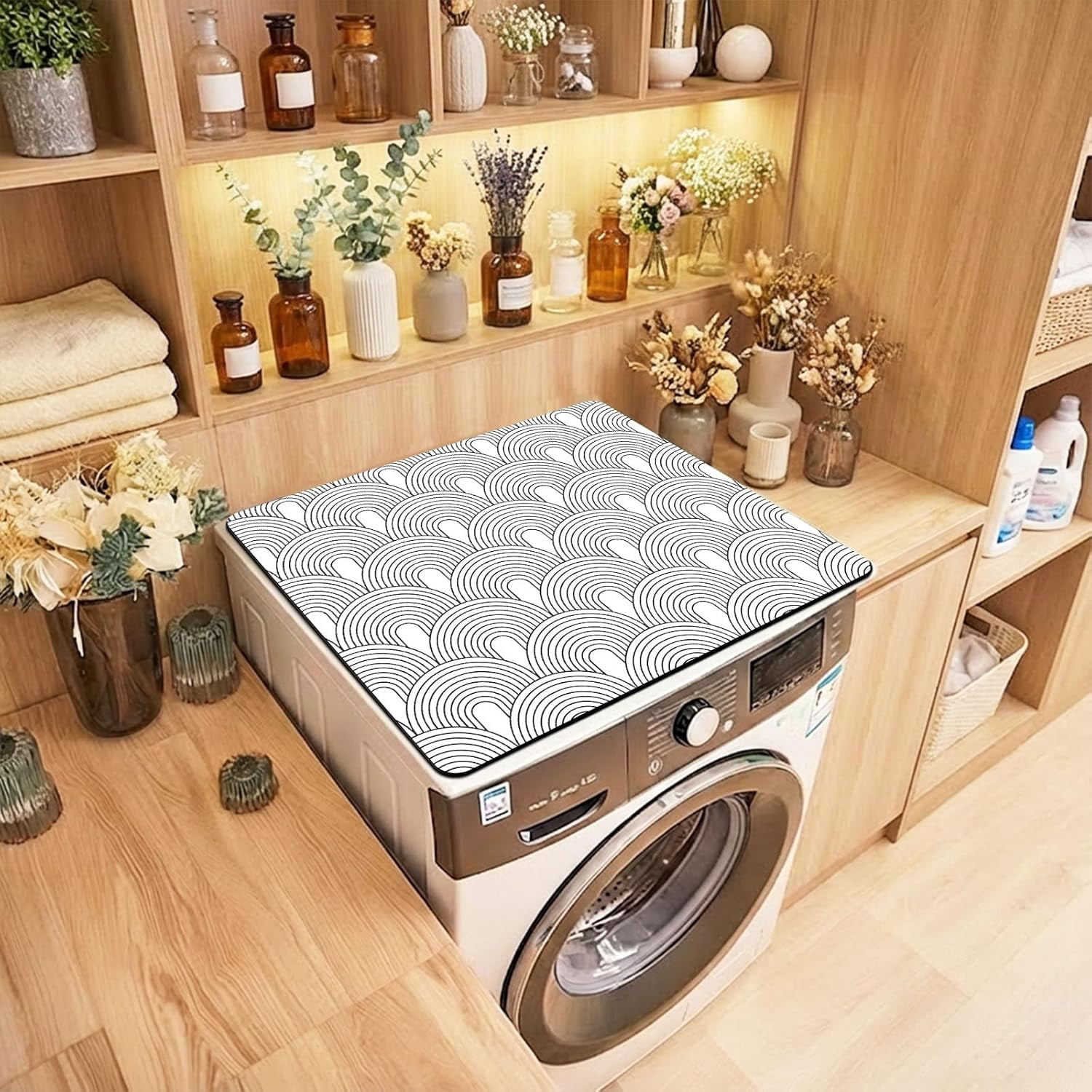 Non-Slip Washer & Dryer Top Cover Protector Mat Dust-Proof Washing Machine Cover Pad With Black White Modern Arched Design Universal 23.6"x19.7" for Laundry Room & Kitchen Decor