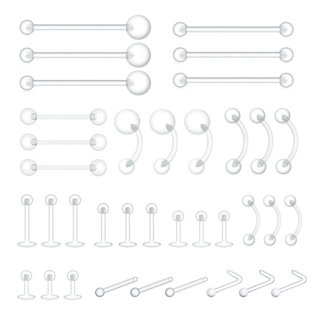 36 piezas de aros de plástico transparentes para piercings, anillos para pezón y nariz