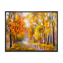 Designart 'Forest Full Of Fallen Leaves In Autumn Along River' Lake House Framed Canvas Wall Art Print