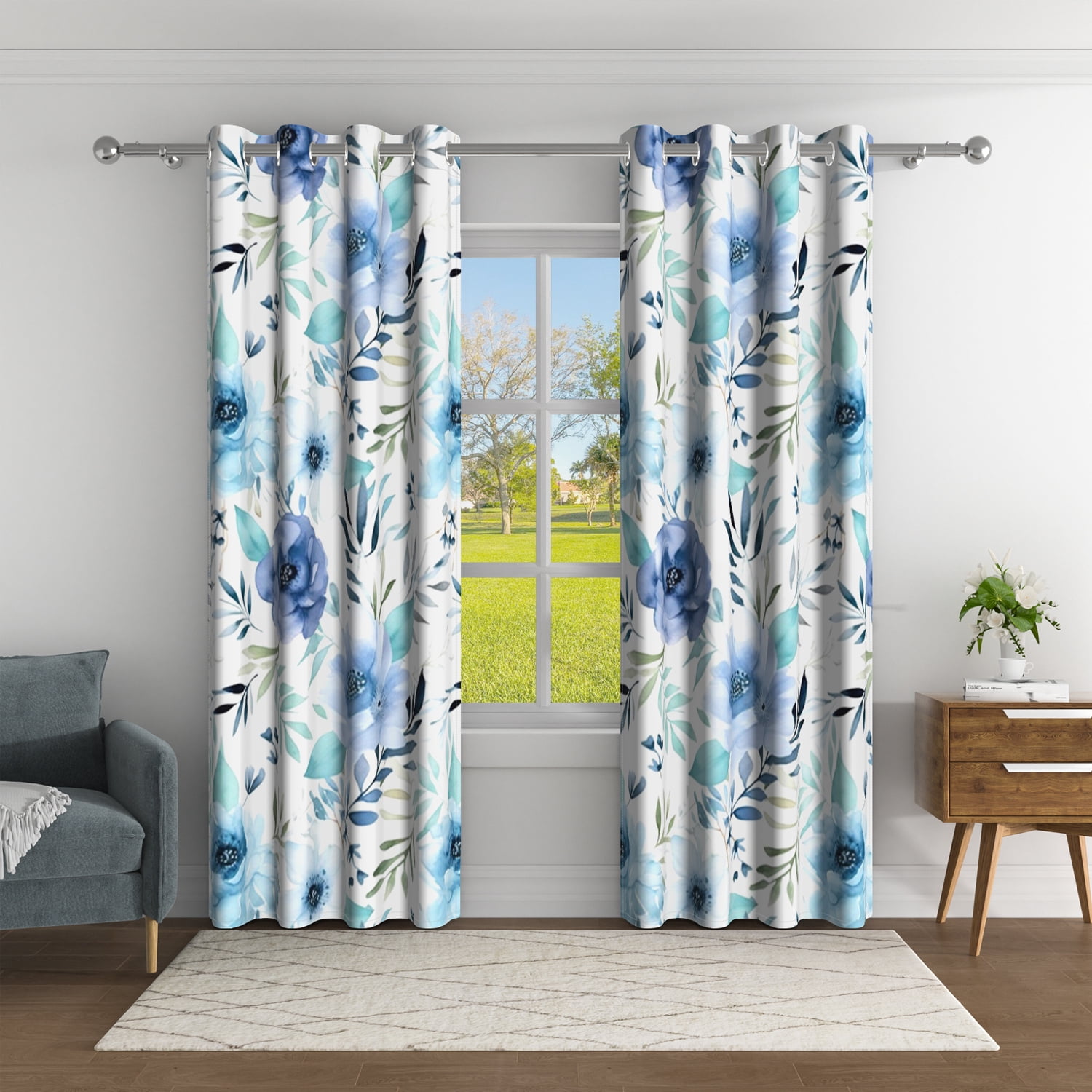 Aofoto Floral Leaf Print Blackout Grommet Curtain for Living Room/Bedroom, 2 Panel, 42"x96", Multicolor