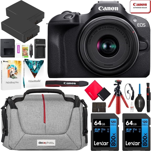 Canon EOS R100 Mirrorless Camera with RF-S 18-45mm F4.5-6.3 IS STM Lens Bundle with Deco Gear Photography Bag   2 x Battery   2 x 64GB Memory Cards   Accessories Kit & More | Official Canon Partner