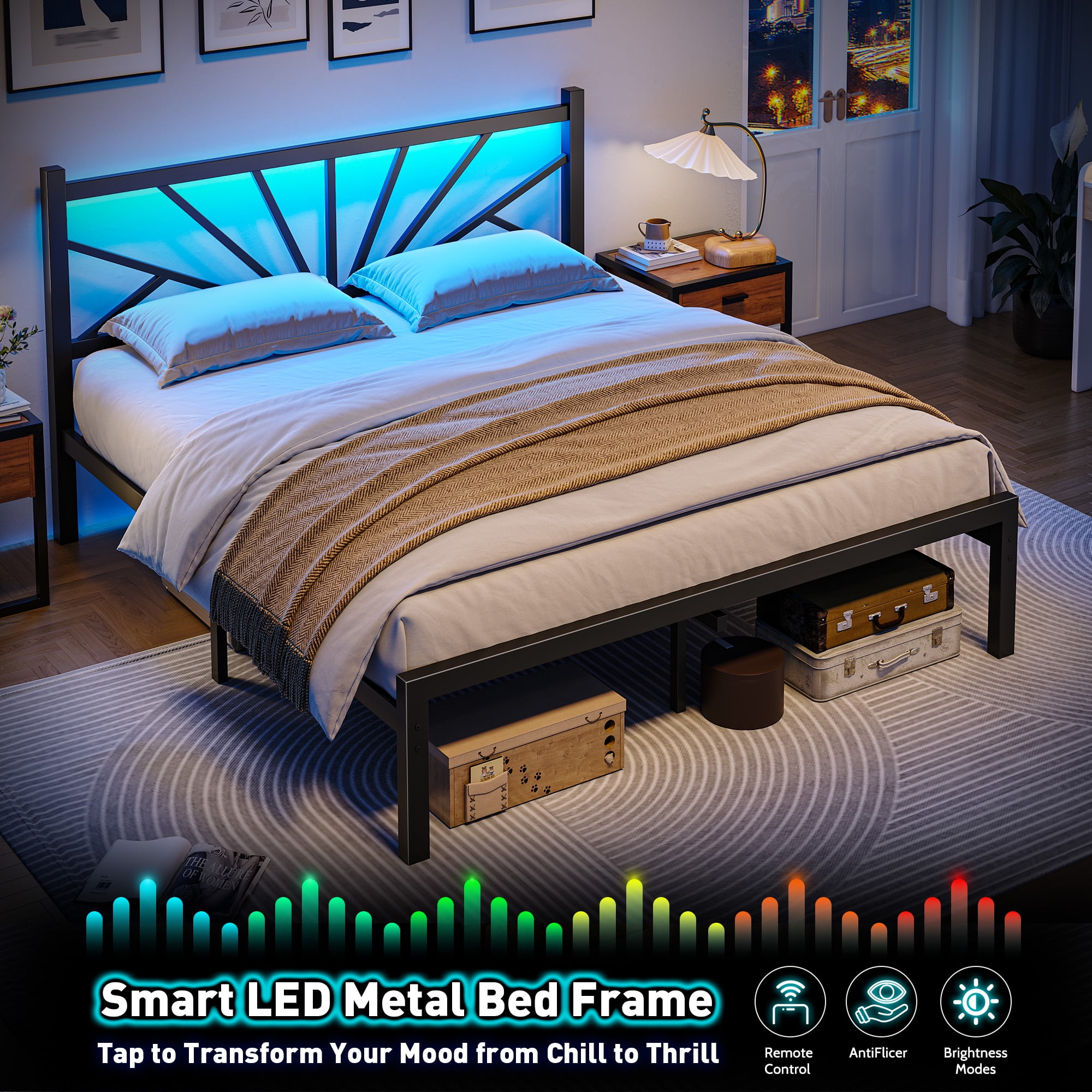 Queen Size Metal Bed Frame with Headboard Metal Platform Bed Frame with LED Lights Bed Frame Twin with Storage Underbed, Noise Free, No Box Spring, Black