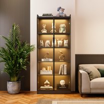 FREDEES Storage Cabinet - Black Kitchen Pantry Organizer with Doors and Adjustable Shelves 65" Tall Floor Furniture with Light Sensor for Bathroom Kitchen Dining Room Office