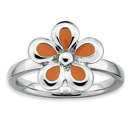Orange Flower Ring - Sterling Silver Rhodium-Plated Orange Enameled Flower Stackable Ring Size 10