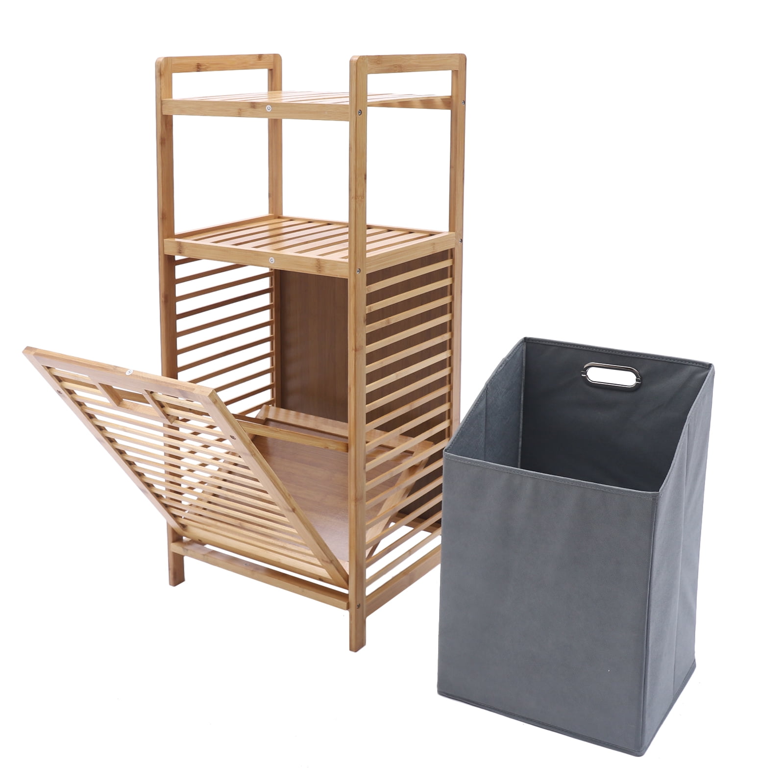 Miumaeov Laundry Hamper Bamboo Laundry Basket with Liner Bag Storage Hamper with Handles 2-Tier Shelves Laundry Room Shelves for Bathroom Living Room Bedroom