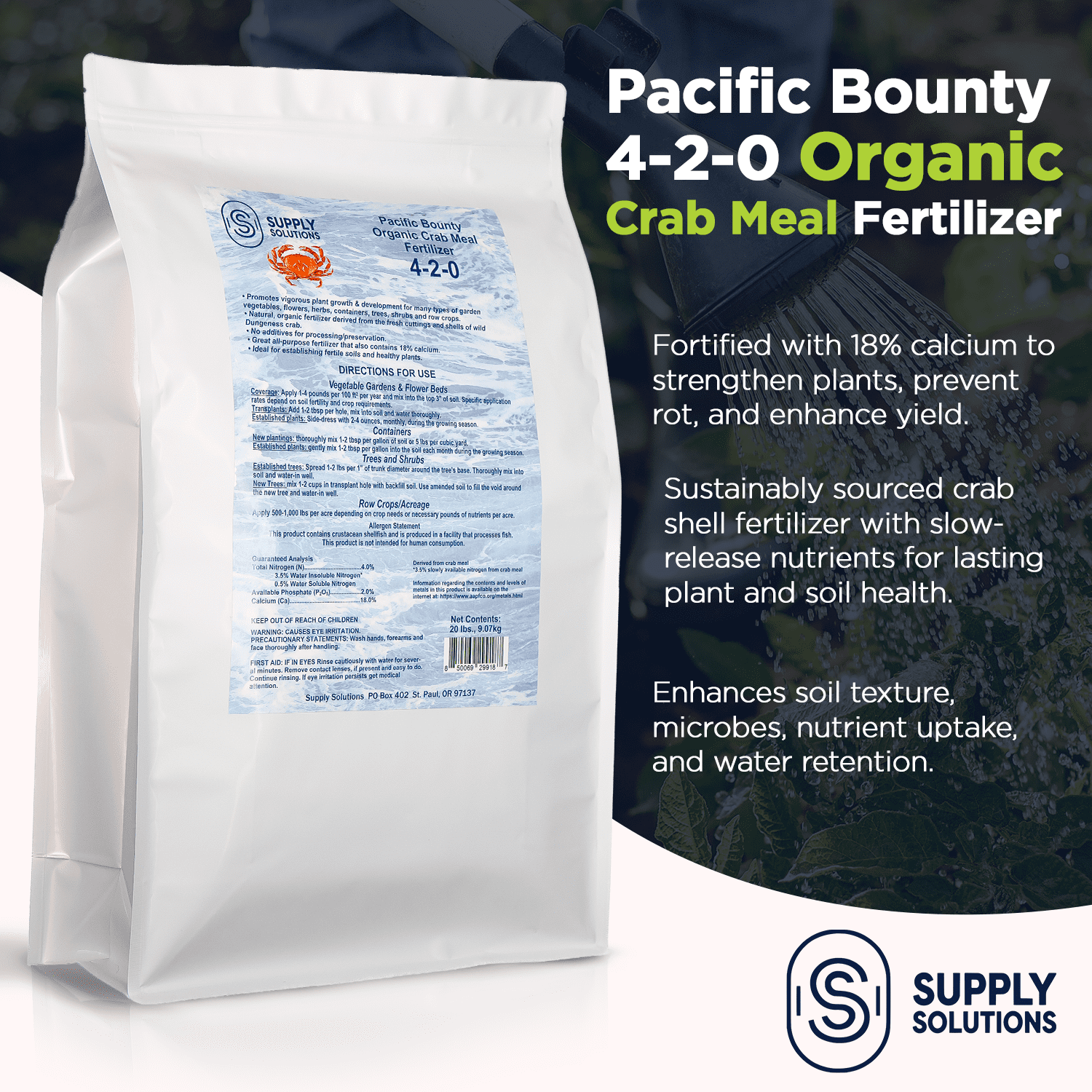 Supply Solutions Organic Crab Meal Fertilizer 4-2-0 | 18% Calcium | Natural Soil Amendment for Garden, Lawn, and Flower Beds | Improves Soil Health & Boosts Plant Growth (20lbs)