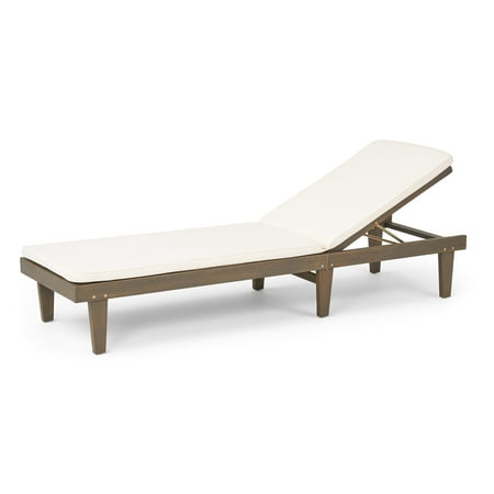 Noble House Maddison Outdoor Acacia Wood Chaise Lounge and Cushion Set Gray and Cream