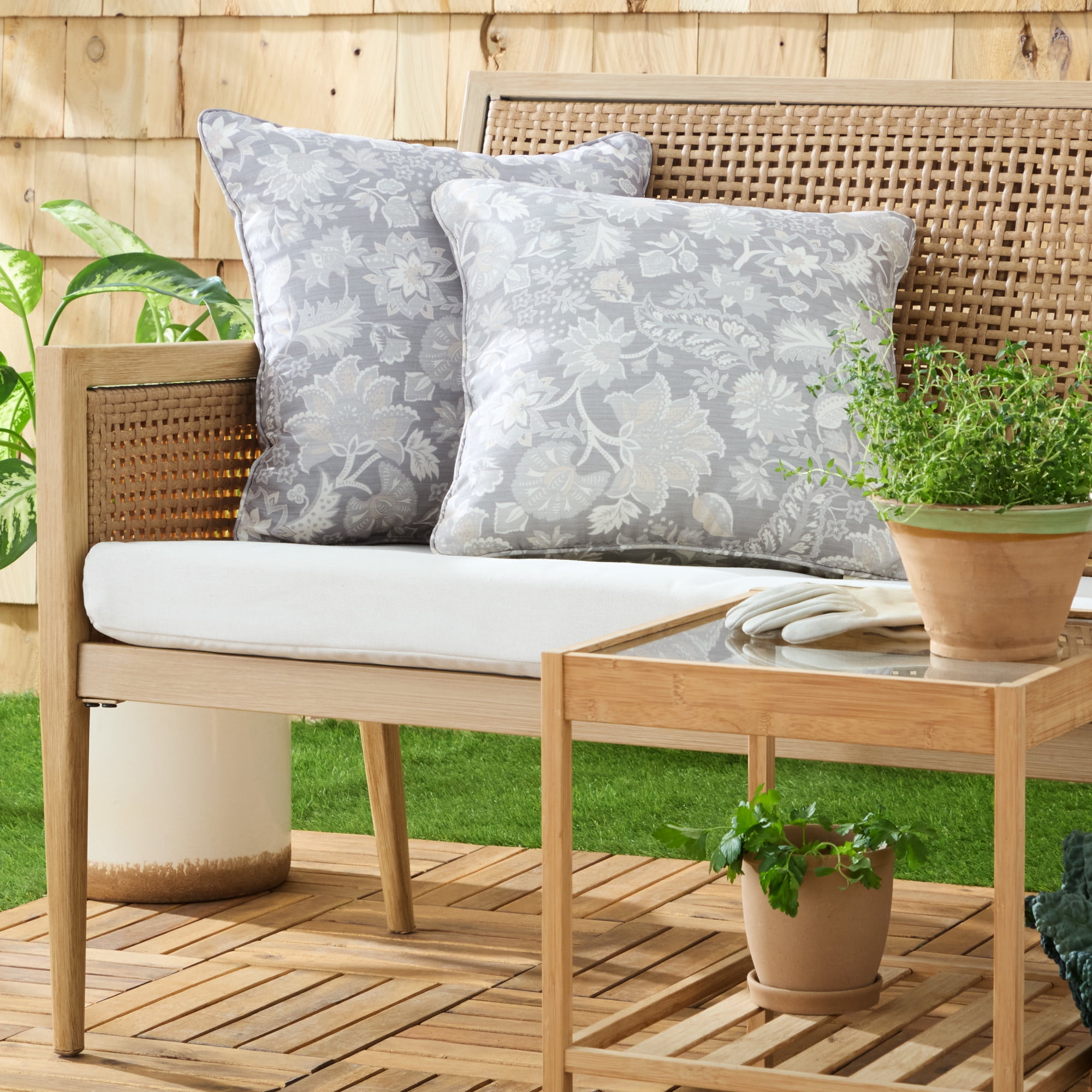 MARTHA STEWART Distressed Jacobean Indoor Outdoor Decorative Pillow 2-Pack Set, UV Fade Resistant, Water Repellent, Printed Floral Design, Grey, 18"x18"