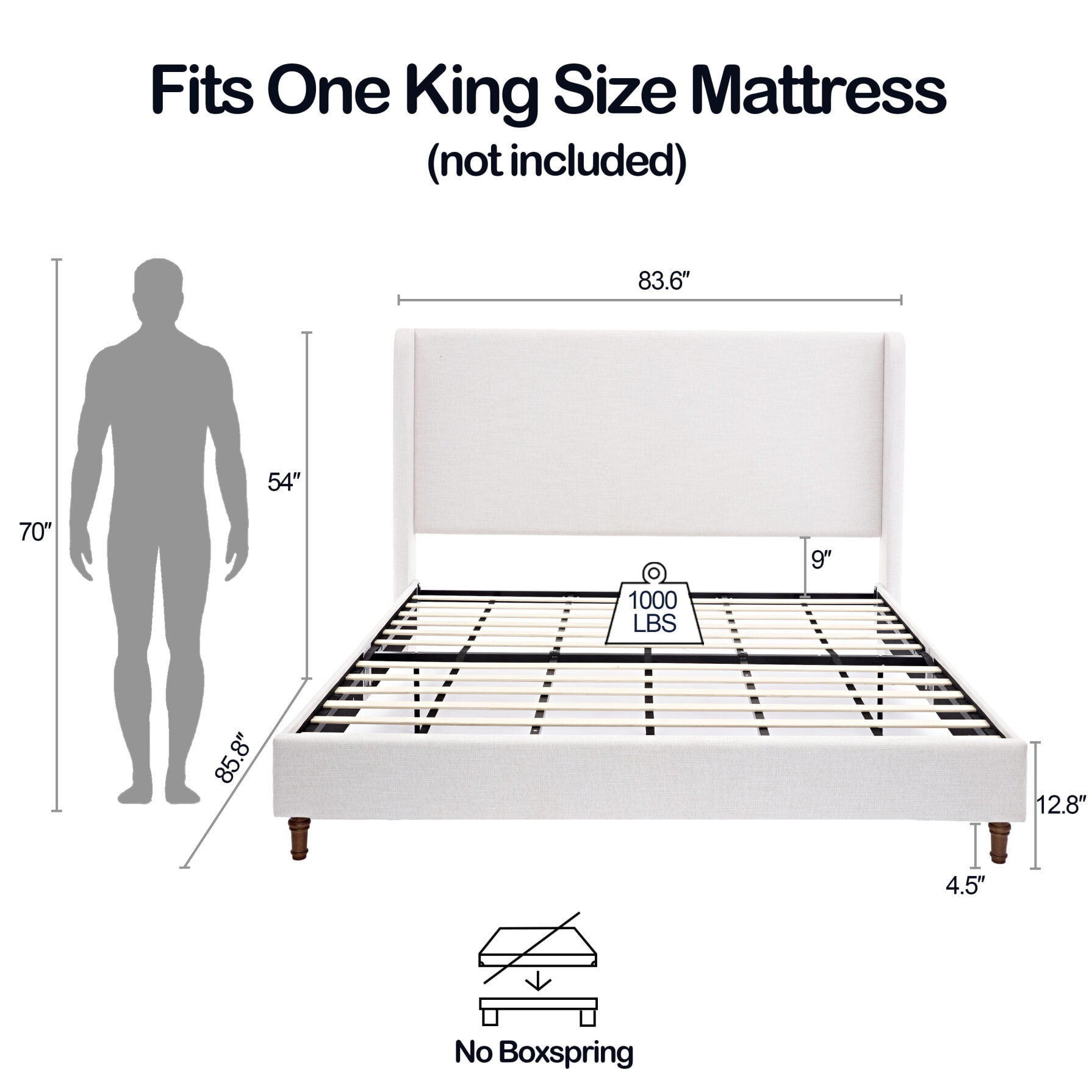 King Bed Frame Upholstered Bed with Tall Headboard, Chenille Platform Bed King Size, No Box Spring Needed, Easy Assembly, Ivory