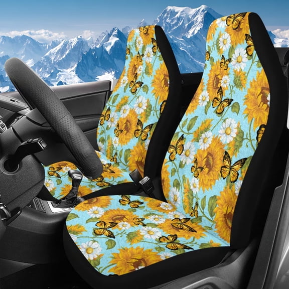 Uorisanigo Universal Front Car Seat Covers Washable Sunflower Butterfly High Back Front Car Seat Protectors - Fit for Most Cars, Trucks, SUVS, Vans 2 PCS Non Slip Auto Cover Sets