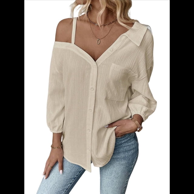 Blusa Asimétrica con Hombros Descubiertos y Larga Abotonada para Mujer, Color Albaricoque S