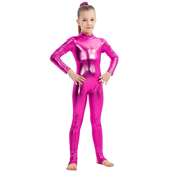 ZQUUVOU Kids Shiny Metallic Bodysuit Stretch Long Sleeve Unitard Sleek Performance One Piece for Dance Gymnastics Hot Pink