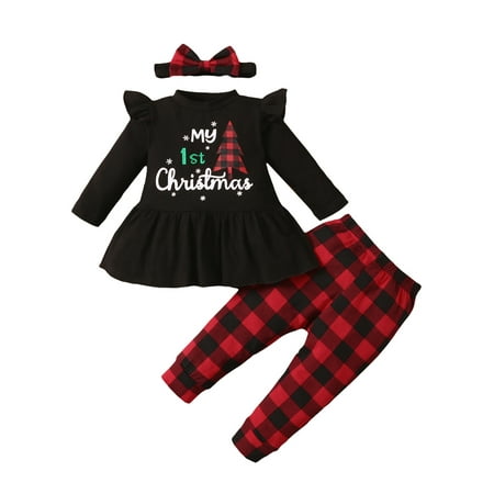 

Sunisery My First Christmas Baby Girls Ruffle Long Sleeve Santa Drees Shirt Stripe Pants Xmas Clothes Sets Black 6-9 Months