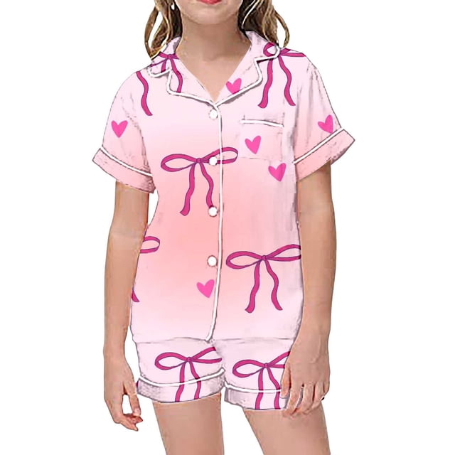 XDZJLR Tenues d'Été pour Filles, Ensembles de Pyjamas 2 Pcs Imprimé Graphique pour Enfants Chemise à Manches Courtes Boutonnée Shorts Ensemble de Pyjama Mignon, 6-7 Ans