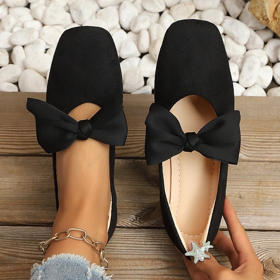 Ladies' Bowknot-Decorated Square-Toe Ballet Flats, Comfortable Suede Slippers, Suitable for Daily Shopping and Casual Outings
