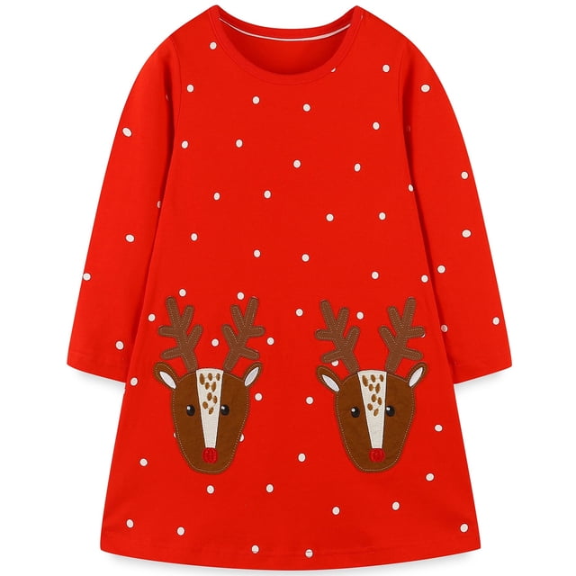 Vestido Bumeex de algodón rojo navideño para niña pequeña, manga larga