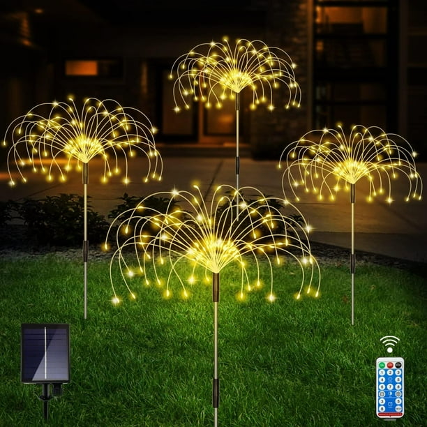 Luces solares para exteriores, luces de jardín blancas cálidas, paquete de 4 luces de fuegos artificiales con 120 luces LED Starburst, 8 modos de luces de hadas con control remoto