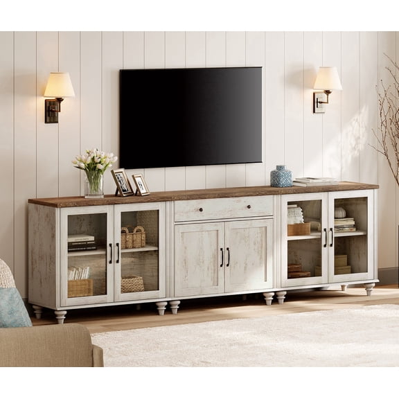 WAMPAT Farmhouse 100 Inch TV Stand & 3-in-1 Console Table, Entertainment Center with Glass Wood Doors, Storage Buffet Sideboard Cabinet, Rustic White