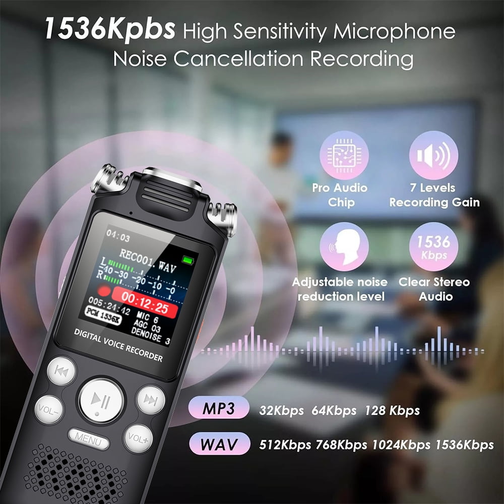 Wiher Portable Digital Voice Recorder With Playback Function 32GB Voice Activated Recorder Password Protection Noise Reduction MP3 Type-C for Lectures, Meetings Device, Interviews