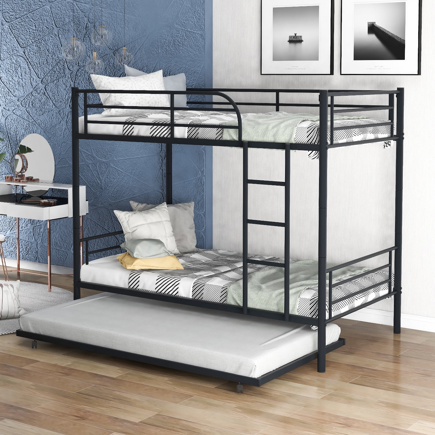 Metal Twin over Bunk Beds Frame Ladder Bedroom Dorm for Children Adult Gray