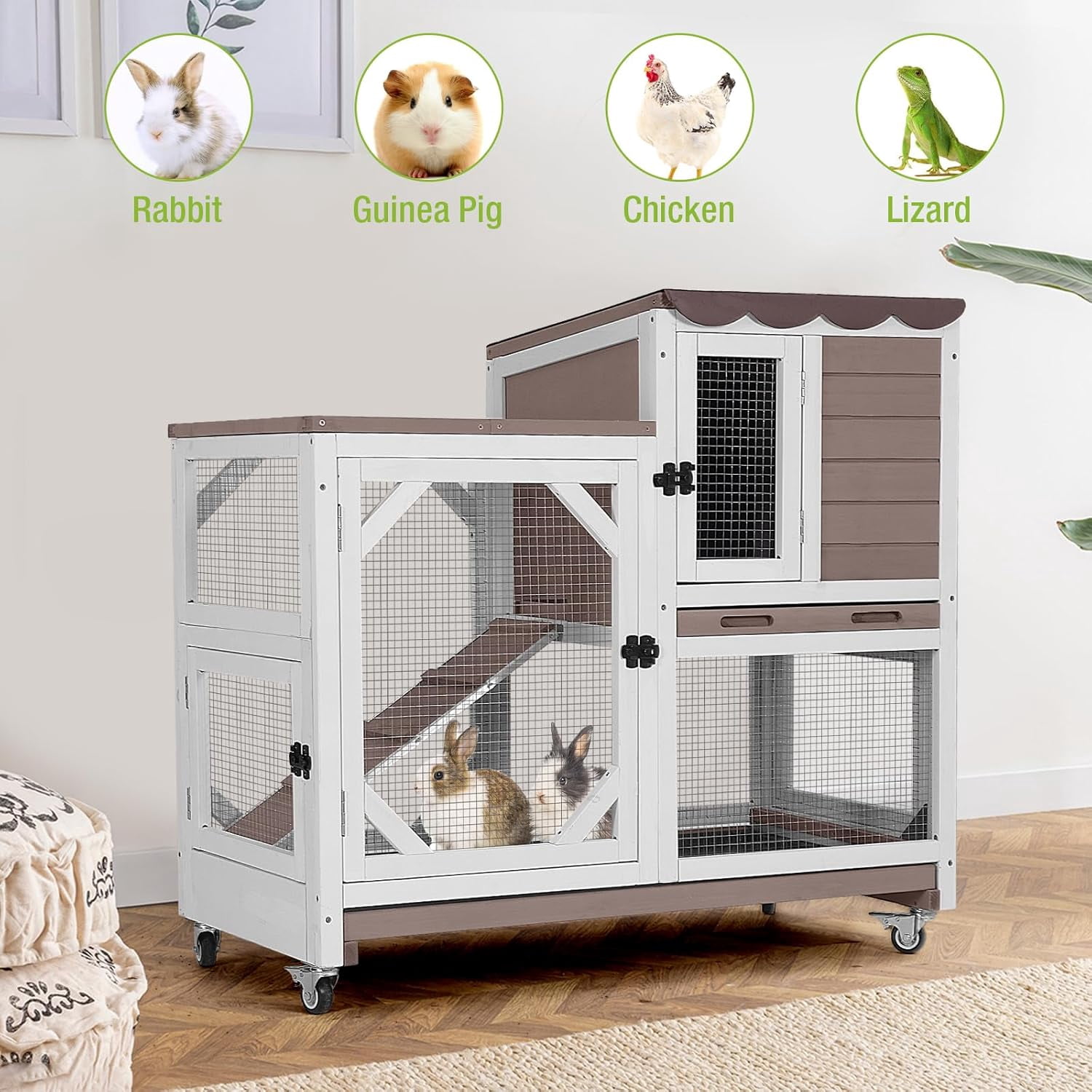 BUTINGLALE Rabbit Hutch Indoor Outdoor 2 Story Bunny House on Wheels Wood Rabbit Cage with 2 Pull Out Trays Guinea Pig Cage