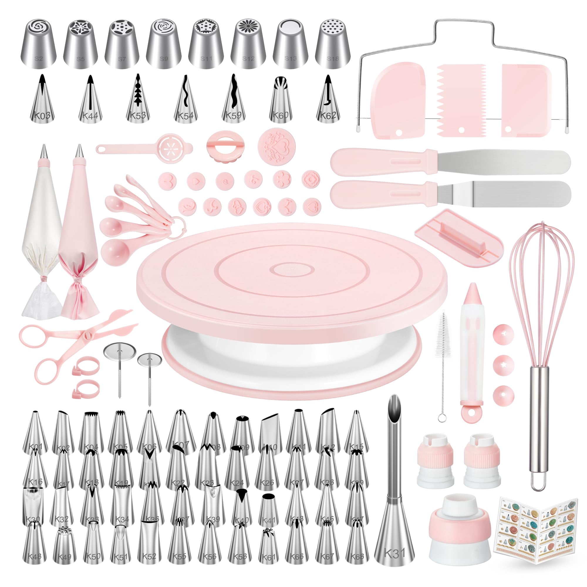 158PCs Cake Decorating Kit, Baking Supplies Tools - Includes Cake Stand Turntable, 64 Icing Piping Tips Set, 2 Frosting Spatulas, 3 Scrapers, 50+2 Pastry Bags, Coupler, Video Tutorial, Booklet