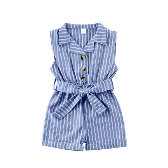 Kiapeise Toddler Girls Romper with Belt Stripe Sleeveless Collar Jumpsuit