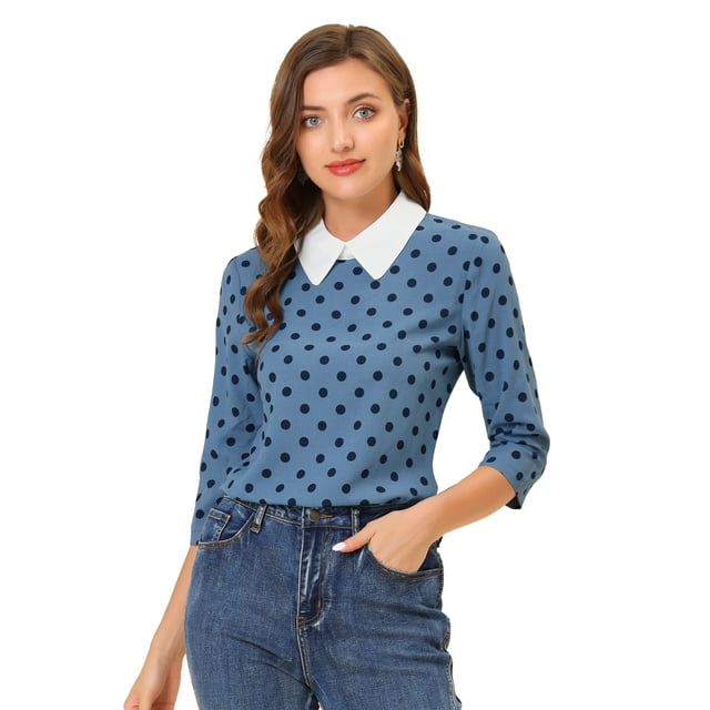 Disfraz de Halloween Allegra K Blusa Polka Dots con cuello Peter Pan 3/4 mangas Gris azul L