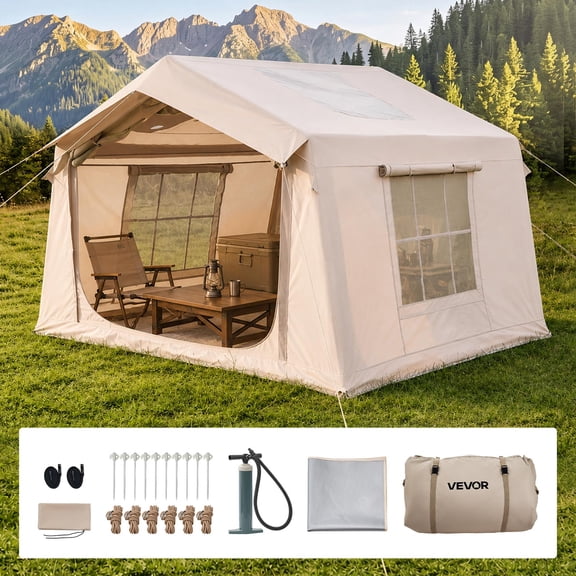 VEVOR Inflatable Tent for Camping 2-4 Person Blow Up Tent with Pump Beige, for Family Outdoor Glamping, Waterproof 420D Oxford, Easy Setup Air House with Skylight, Stove Jack,Mesh Windows & Carry Bag