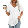 thumbnail image 2 of Olyvenn Short Sleeve Tops for Women Eyelet Solid Color Dressy V Neck Blouse Casual Loose Fashion Shirts Pullover Tunics White XXL, 2 of 5