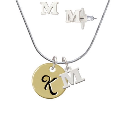 Large Gold Tone Disc Letter – K – 3/4 – M Initial Charm Necklace and Stud Earrings Jewelry Set