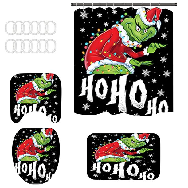 Juego de baño de 4 piezas con estampado de muñeco de nieve navideño y cortina de ducha de Grinch, juego de cuatro piezas con alfombrilla de baño y cortina de ducha de Grinch