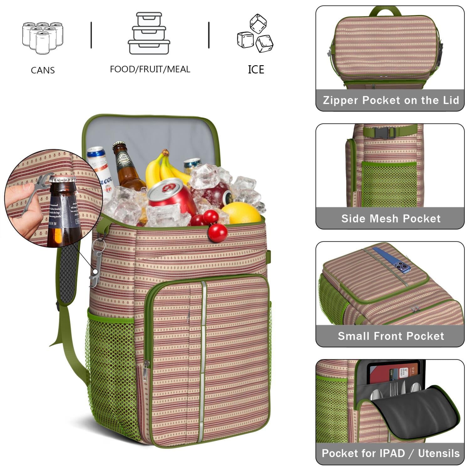 Travel Cooler Bag - Brown and Red Christmas Striped Pattern Camping Beer Cooler Backpack with Bottle Opener- Waterproof Insulated Picnic Backpacks - Cooler Bag for Beach
