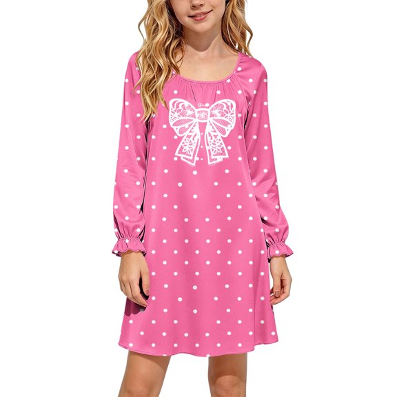 Fesfesfes Kids Girls Cute Single Bow Print Satin Dress Long Sleeve Round Neck Soft Silky Lightweight Pullover for Casual Home Daily Wear Ages 5-15 Years