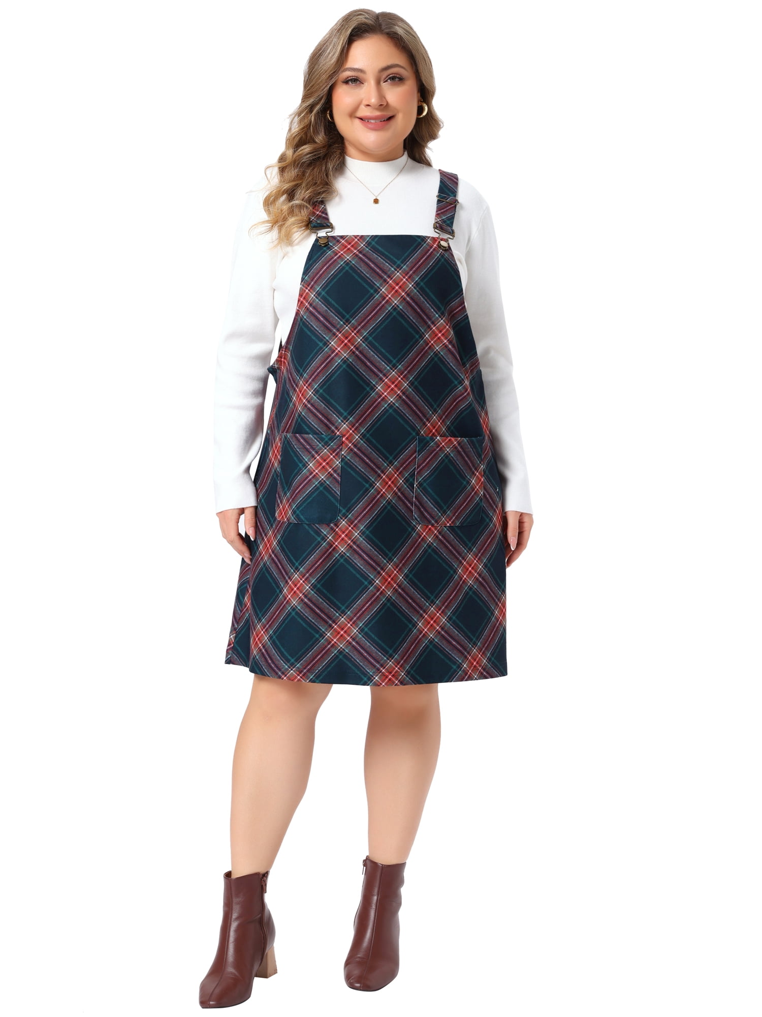 DARING DIVA Women's Plus Plaid Pinafore Dress Sleeveless Strap Overall 2X Dark Blue