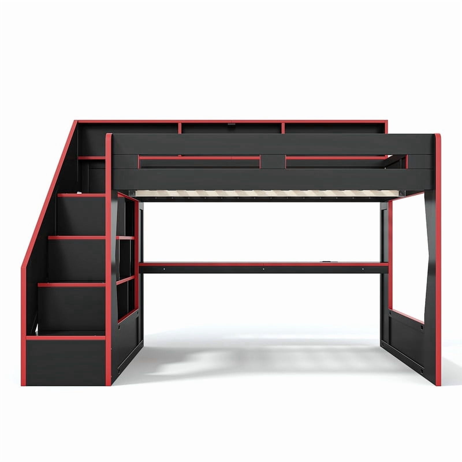 Queen Size Teens Gaming Bed Frame with Storage Stair & Open Headboard Shelves, Wood Loft Bed with LED Light & Power Outlet Desk