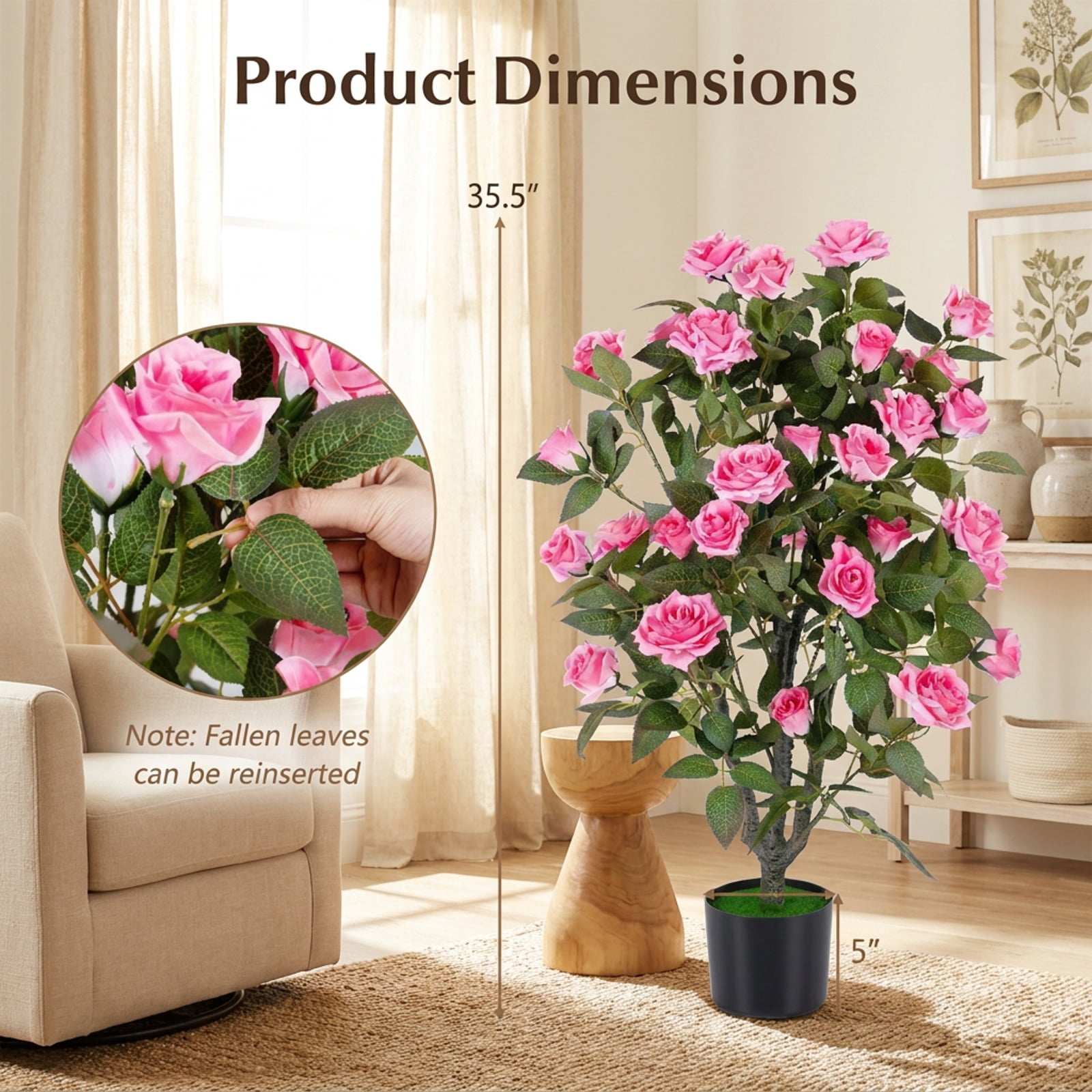 Vebreda Artificial Plant Decor, 35.5" Artificial Rose Tree with Blooming Flowers and Green Leaves for Indoor, Beautiful & Lifelike Rose Tree