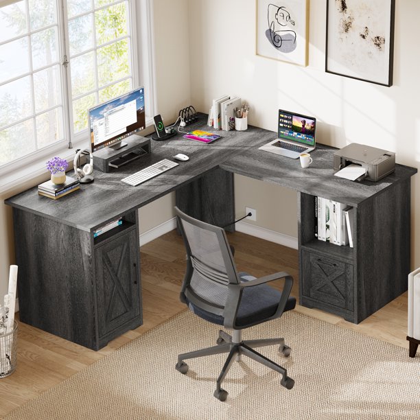 Dextrus L Shaped Desk with Drawers, 60" LShaped Desk with Power