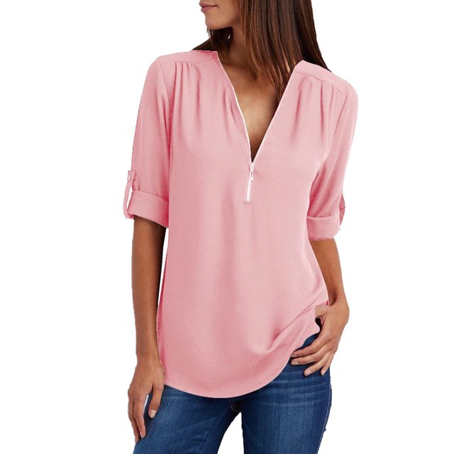 Hauts d'Été Grande Taille pour Femmes Tunique Décontractée à Fermeture Éclair Manches Roulables Blouse Chemises Blanc Liquidation