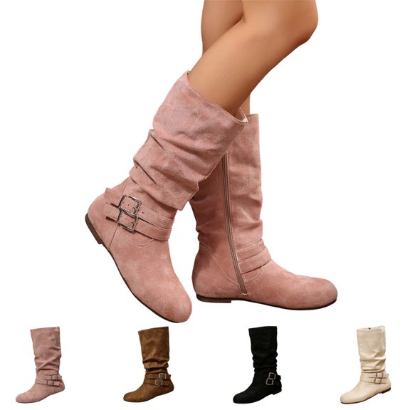 IEMIEMIEM Women's Low Heel Mid Calf Boots with Side Zipper Buckle Accent Flat Heel Faux Suede Slouchy Outdoor Footwear Casual Non-Slip Fall Winter Boots Pink 7 Wide