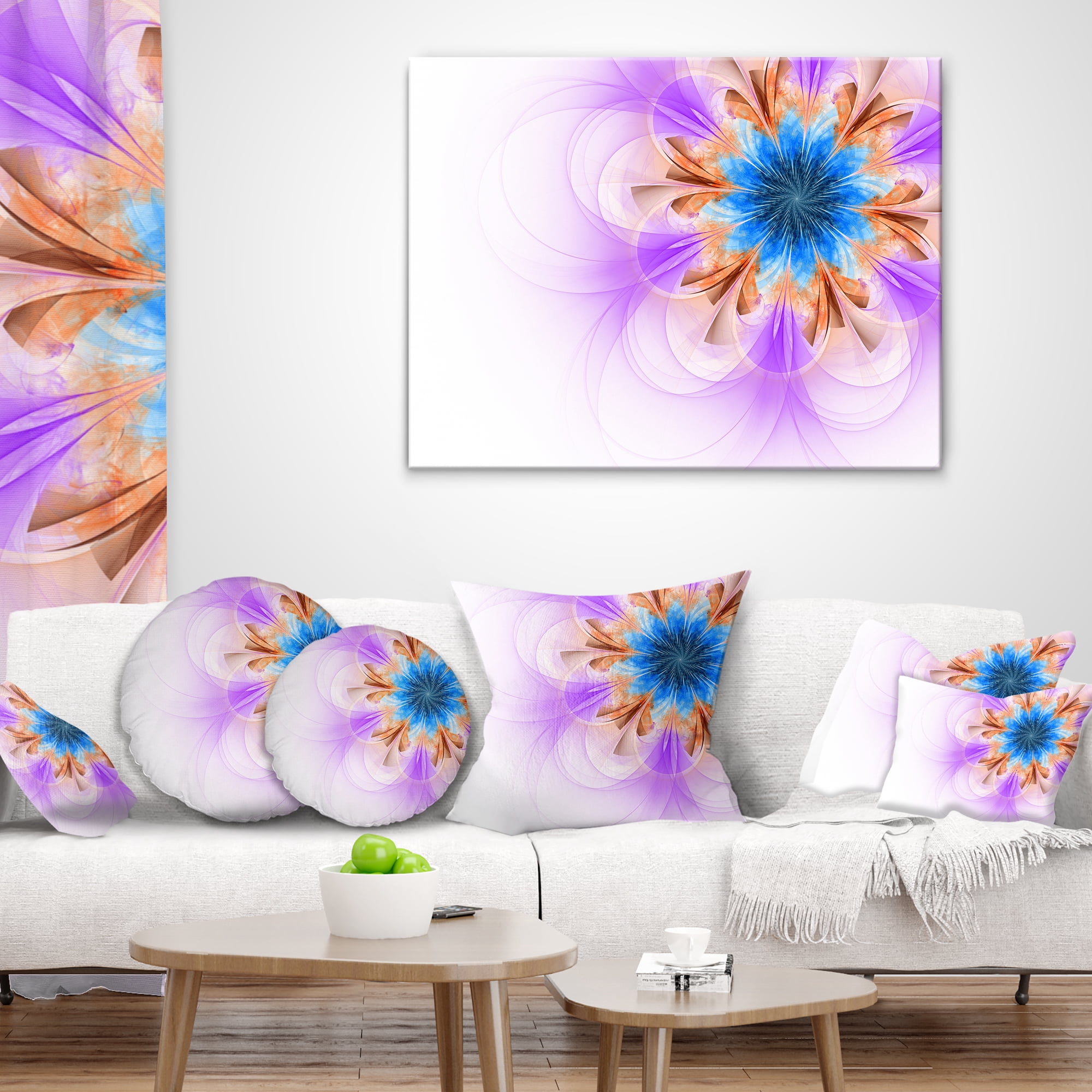 Designart Blue and Purple Symmetrical Fractal Flower - Floral Throw Pillow - 12x20