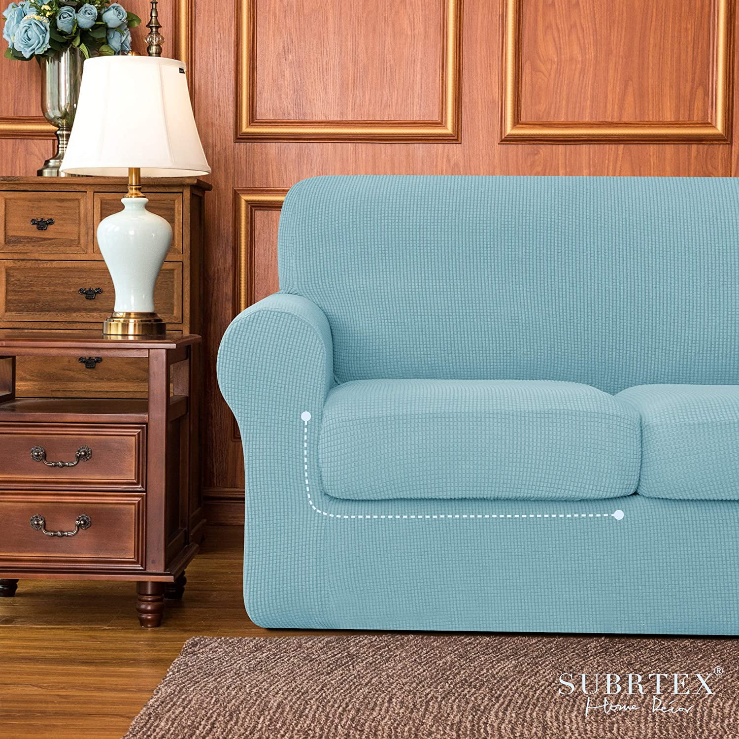 Subrtex 3-Piece High Spandex Textured Grid Sofa Slipcover, Separate Cushion Cover(Steel Blue, Loveseat)