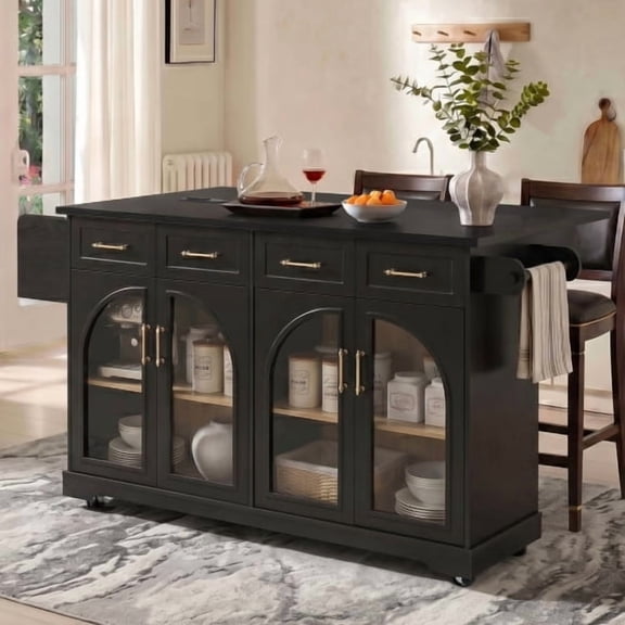 65 Inch Kitchen Island with Storage and Drop Leaf, Rolling Cart on Wheels with Arched Glass Doors, Power Outlet, 4 Drawers, Spice Rack and Towel Rack, Black