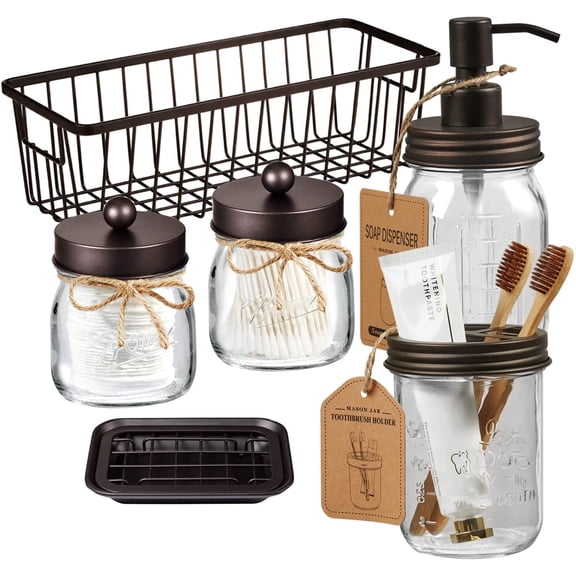 Mason Jar Bathroom Accessories Set,6Pcs Rustic Bathroom Set,Brown