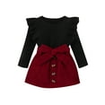 thumbnail image 1 of Seyurigaoka Baby Girl Autumn Clothes Set Solid Ribbed Long Sleeve Ruffled Pullover Tops + A-Line Skirt with Bow Belt, 1 of 8