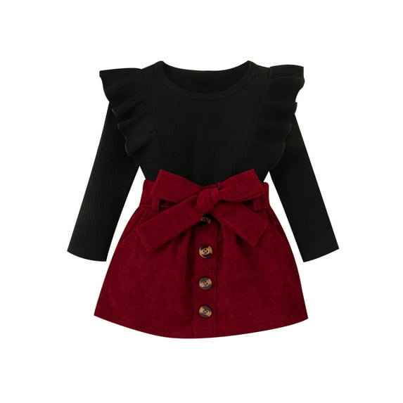 Seyurigaoka Baby Girl Autumn Clothes Set Solid Ribbed Long Sleeve Ruffled Pullover Tops + A-Line Skirt with Bow Belt