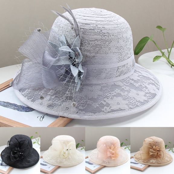 CAIXIA Derby Hats for Women 2026 Organza Veil Feather Tea Party Hats for Women Church Hats Wide Brim Fascinator Hat Weddings Hats